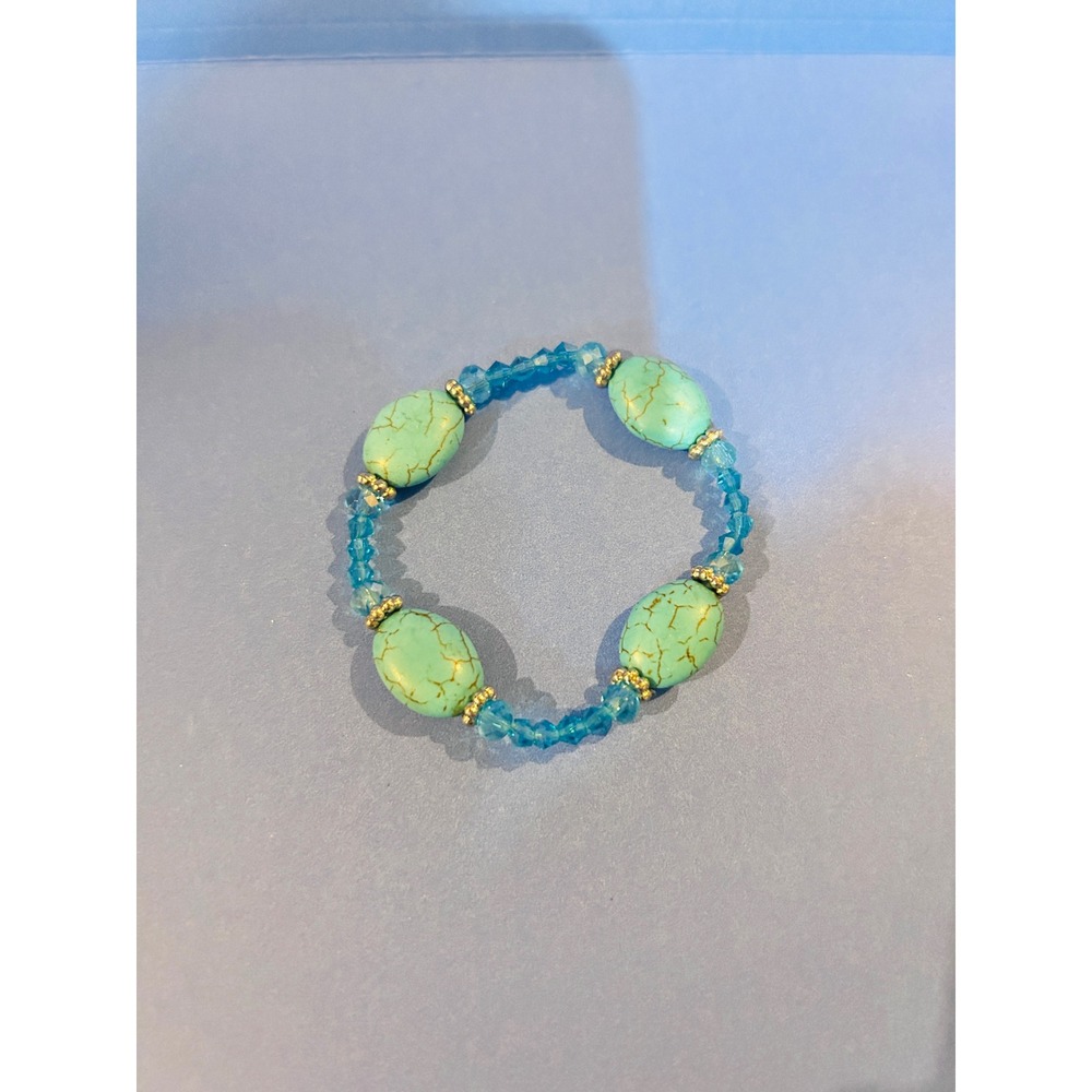 Beaded Bracelet Women OS Turquoise Excellent Stretch Boho Crystal Oval